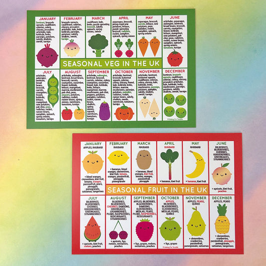 Kawaii illustrated seasonal fruit and vegetables charts for the UK