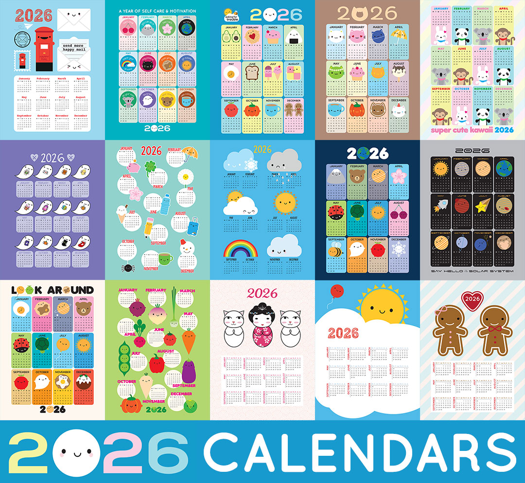 15 of my previous kawaii calendar designs, now updated to 2026