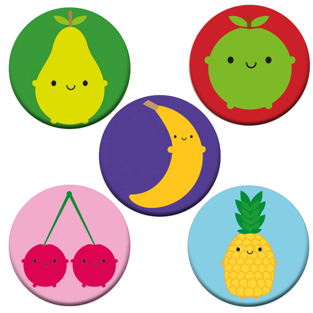 The fruit badges - pear, apple, banana, cherry and pineapple