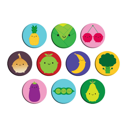 All ten kawaii fruit and veg badges