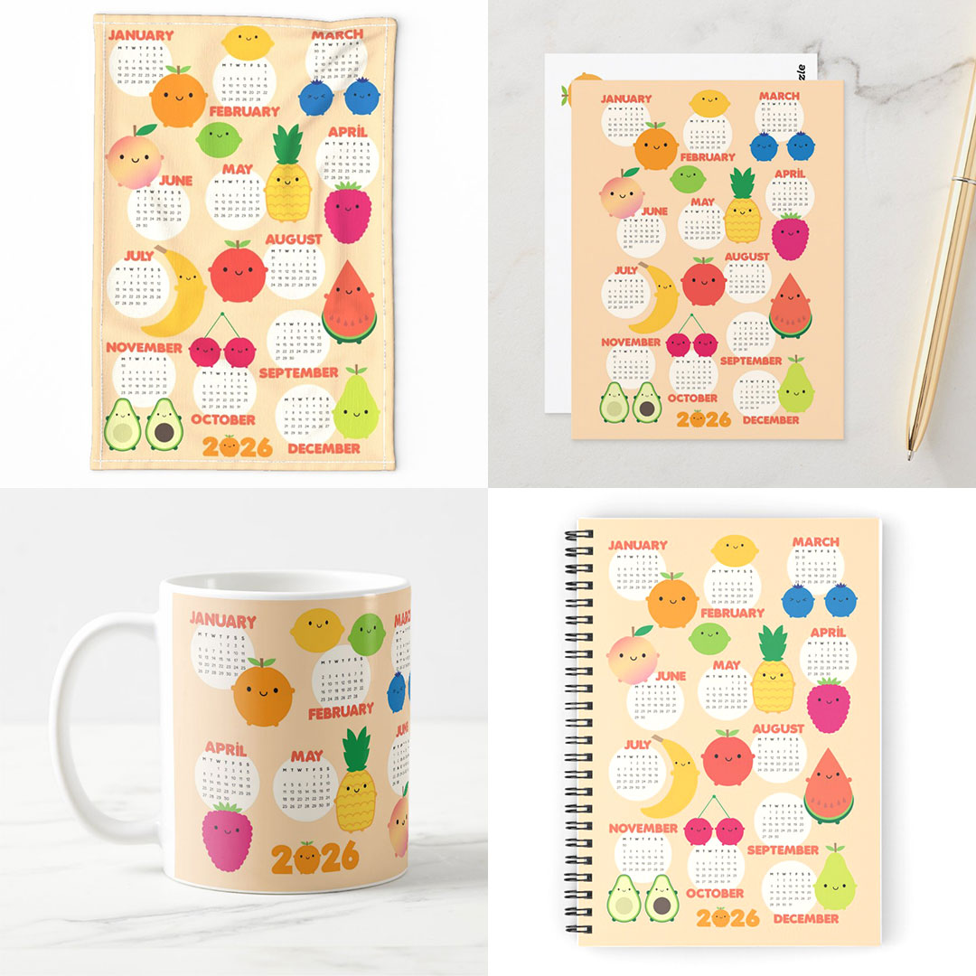 The calendar design on a tea towel, postcard, mug and notebook, all print-on-demand.