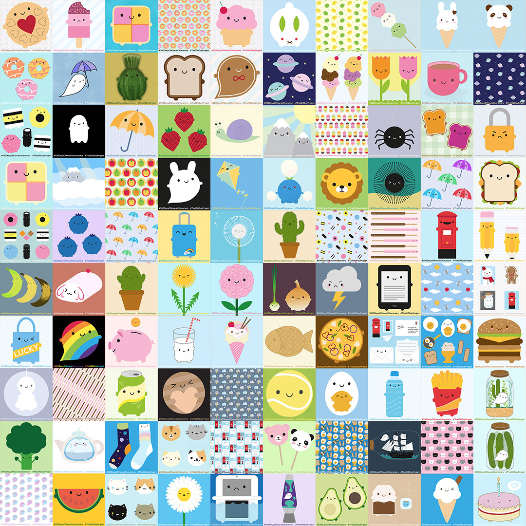 A collage of all 100 character drawings