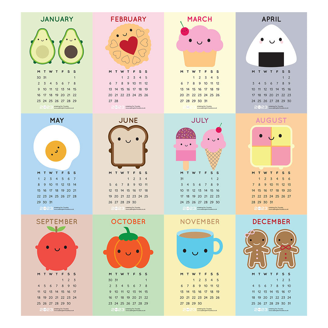 All 12 postcard illustrations with happy food and drinks