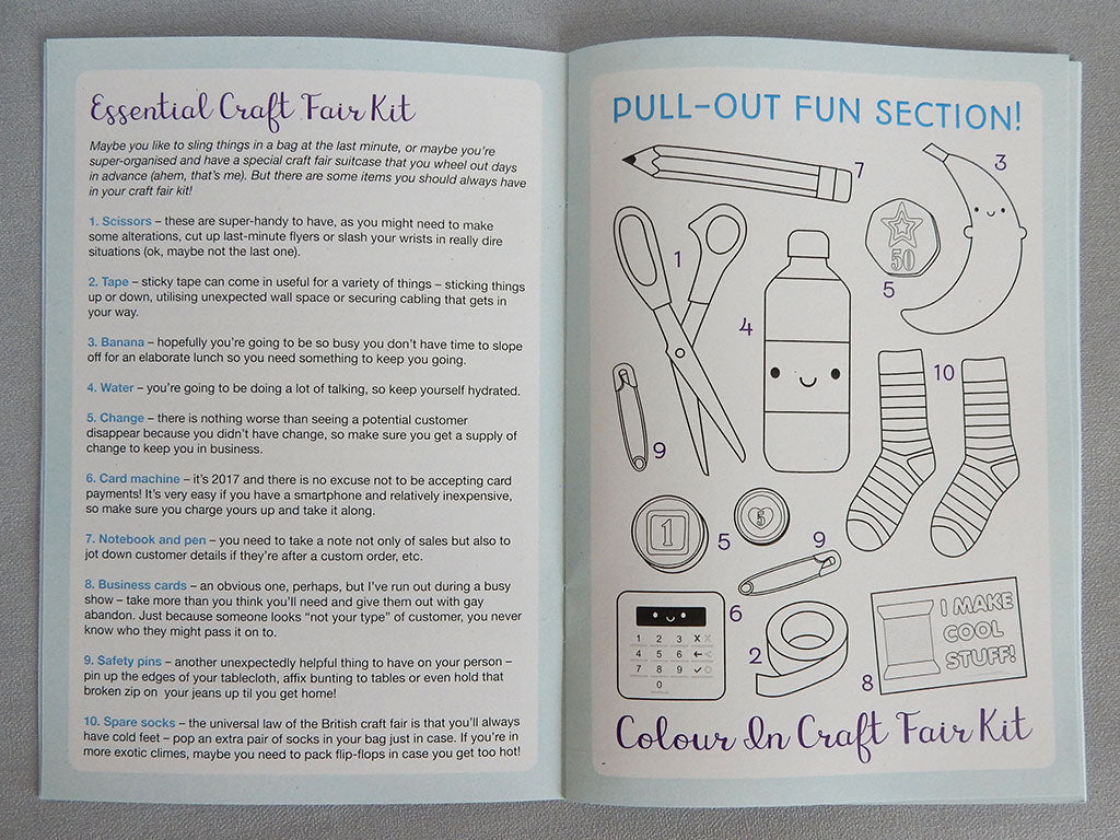 A double page spread with 'Essential Craft Fair Kit' and cute colouring page of those items