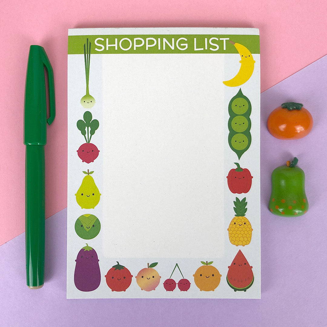 Shopping list notepad with a border of kawaii food characters