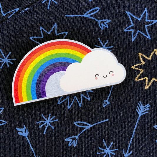 A happy kawaii Rainbow brooch made from ethically sourced, FSC certified wood