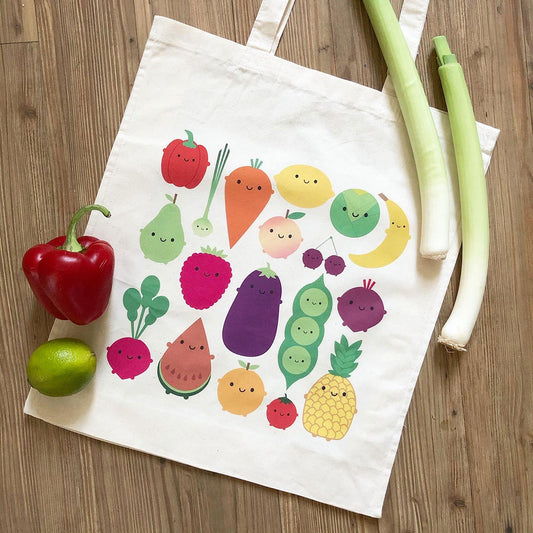 Styled image of the 5 A Day shopper bag laid out flat with vegetables
