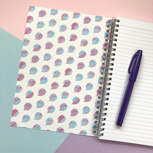 Inside the front cover is a repeat pattern of watercolour ghosts and all pages are lined