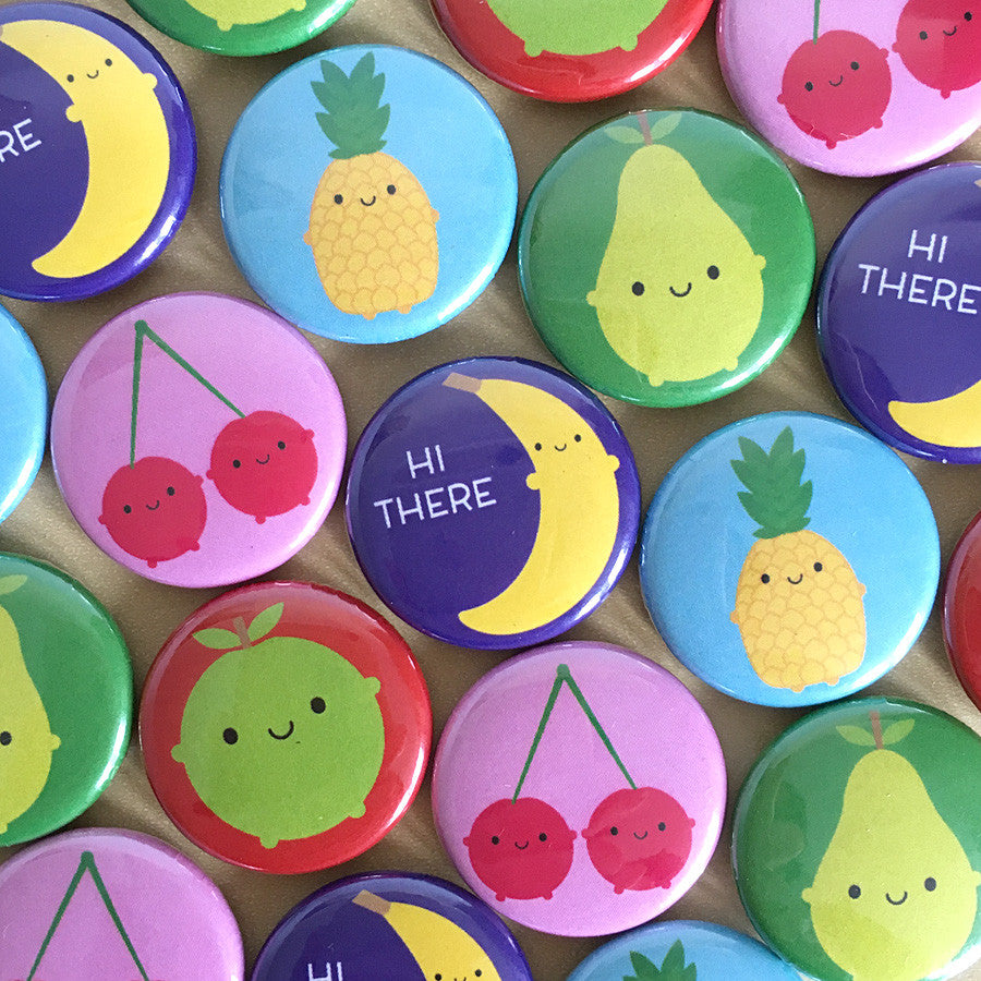 the colourful kawaii fruit badges together