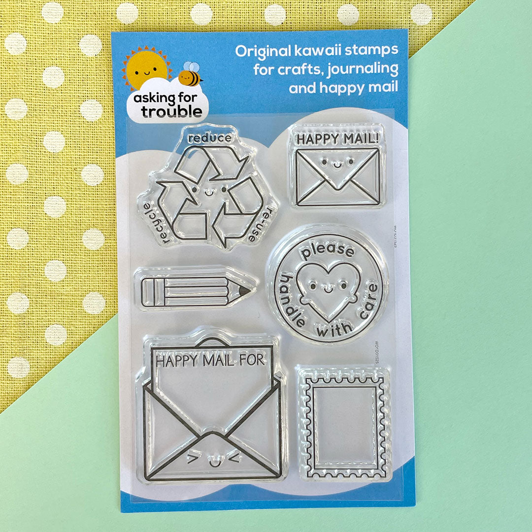 The Happy Mail (extras) stamp set with Reduce Reuse Recycle, Happy Mail, Pencil, Please Handle With Care, Happy Mail For... and Postage Stamp stamps
