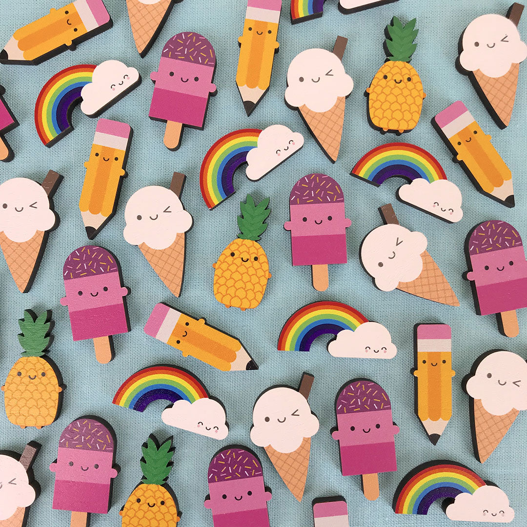 A mixed display of my kawaii wooden pins