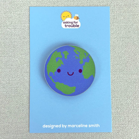 Planet Earth Kawaii Wooden Pin