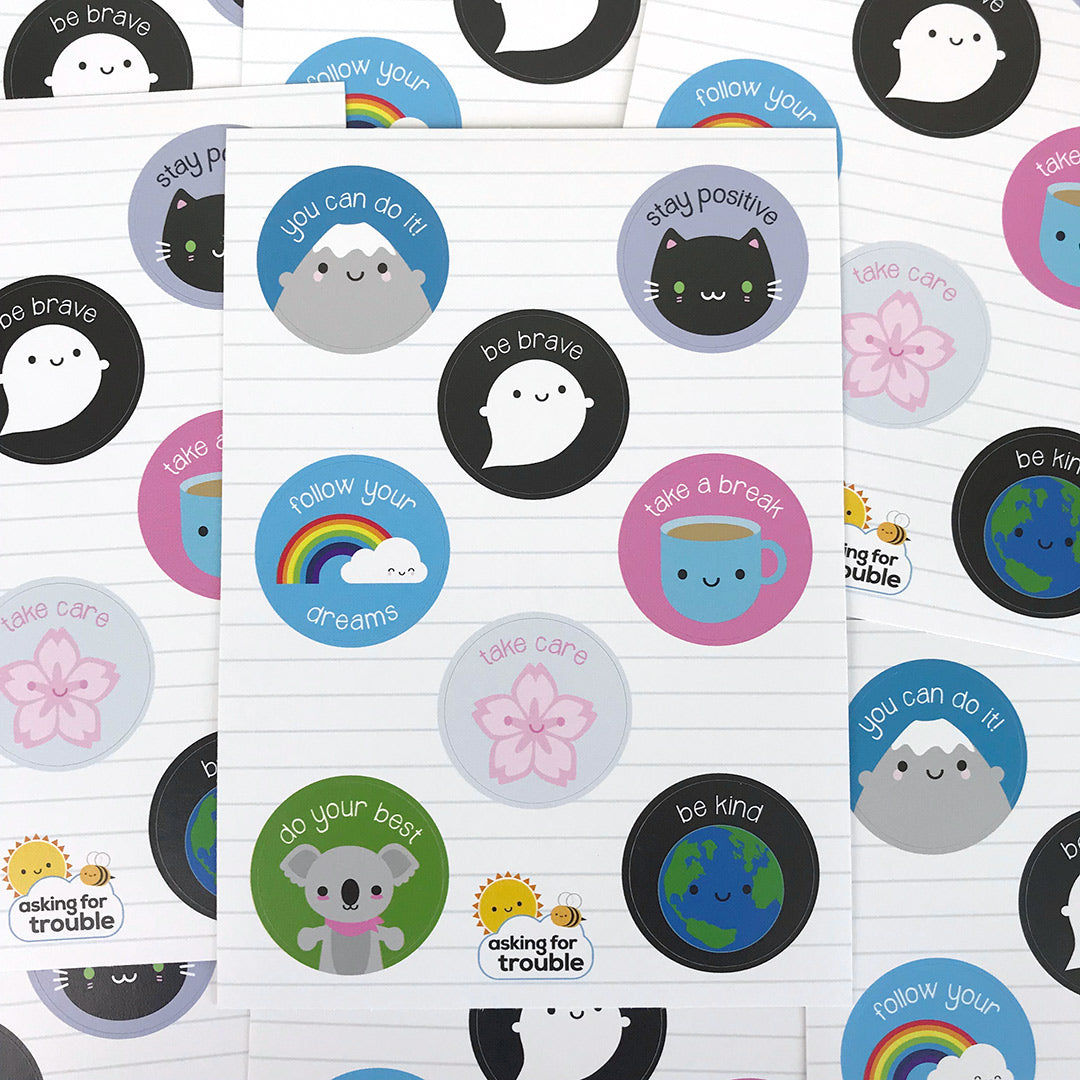 A pile of Kawaii Motivation sticker sheets