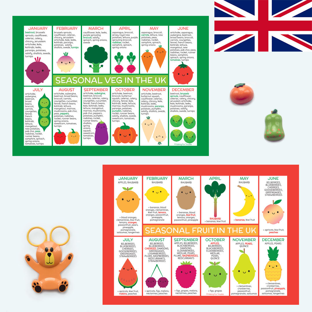 Kawaii illustrated seasonal fruit and vegetables charts for the UK