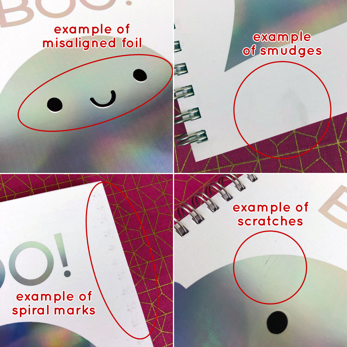 Examples of Ghost notebook seconds - misaligned foil, smudges, marks and scratches