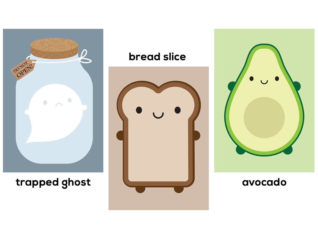 Artwork designs for the Trapped Ghost, Bread Slice and Avocado sheets