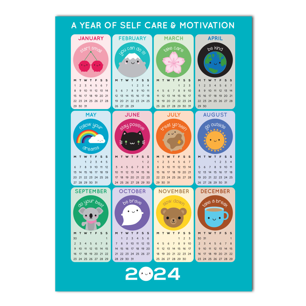 The colourful calendar design with a different kawaii character & phrase for each month