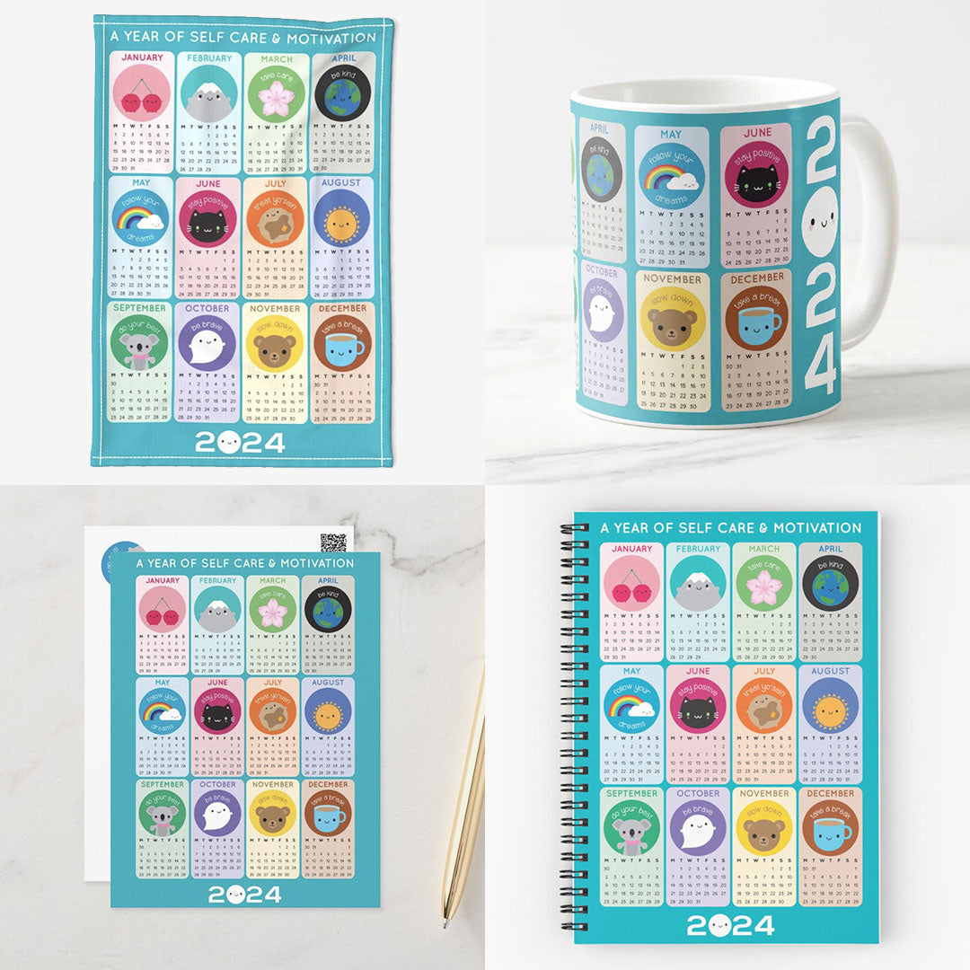 Print-on-demand products - tea towel, mug, postcard and spiral notebook