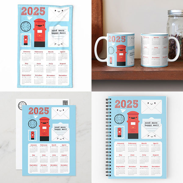 The calendar design on a tea towel, mug, postcard and notebook