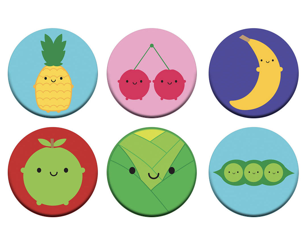 All 6 kawaii fruit and vegetables badges: Pineapple, Cherry, Banana, Apple, Sprout/Cabbage and Peapod.