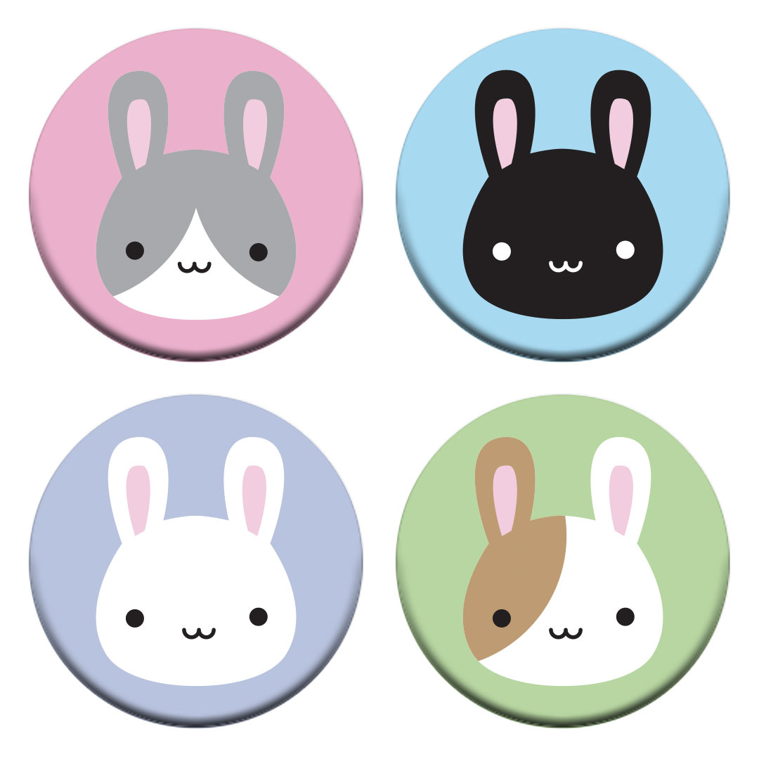 The four bunny rabit badge designs - white, black, grey/white on pink, black on blue, white on lavender and brown/white on green.