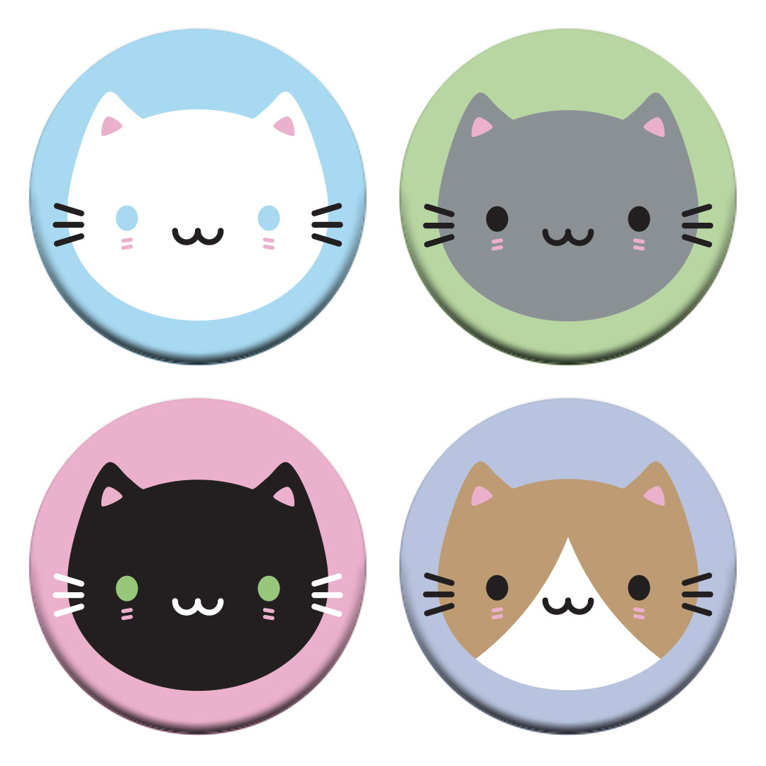 The four cat badge designs - white on blue, grey on green, black on pink and brown/white on lavender.