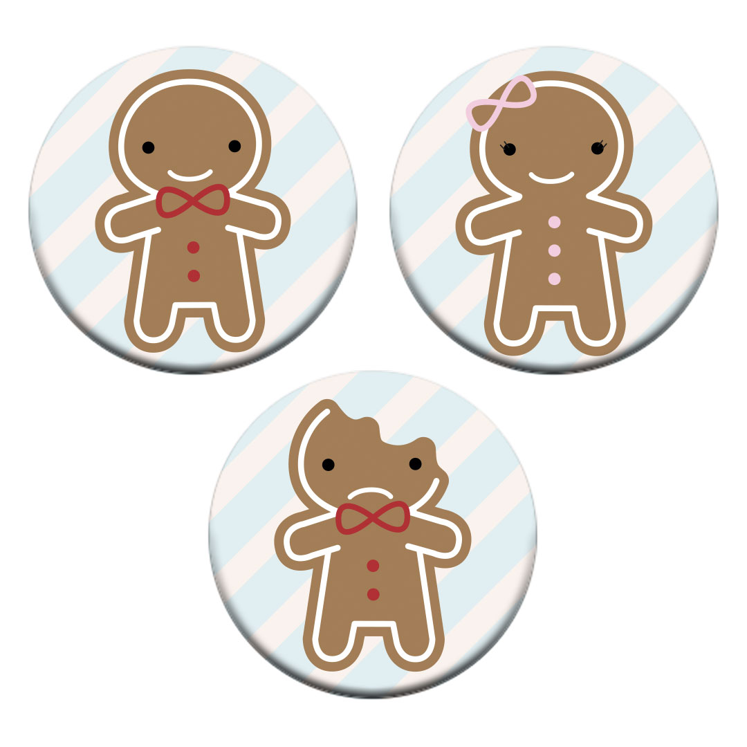 The 3 Gingerbread Man badge designs - Happy, Sad Bitten & Girl