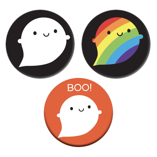 The three badge designs - Ghost, Boo! Ghost, Rainbow Ghost