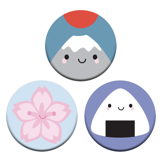 The three badge designs - Mt Fuji, Onigiri, Sakura Cherry Blossom