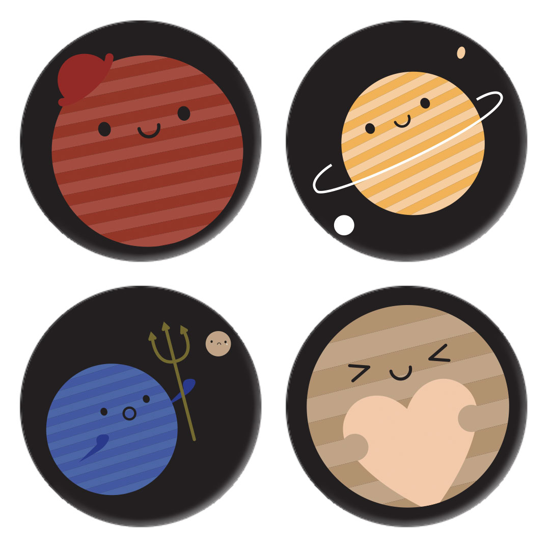 The four planet badge designs - Mars, Saturn, Neptune and Pluto