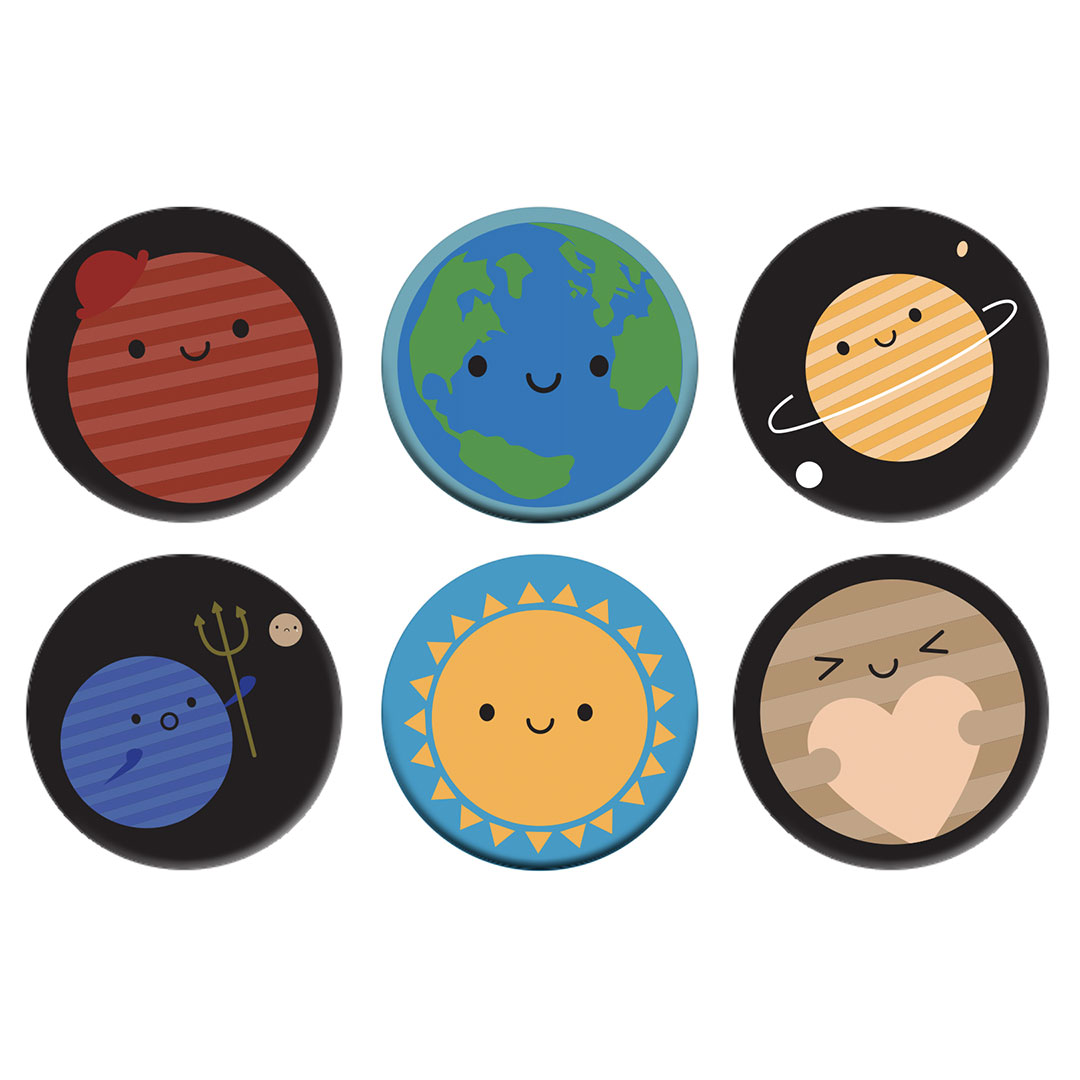 The six badge designs - Mars, Earth, Saturn, Neptune, Sun and Pluto