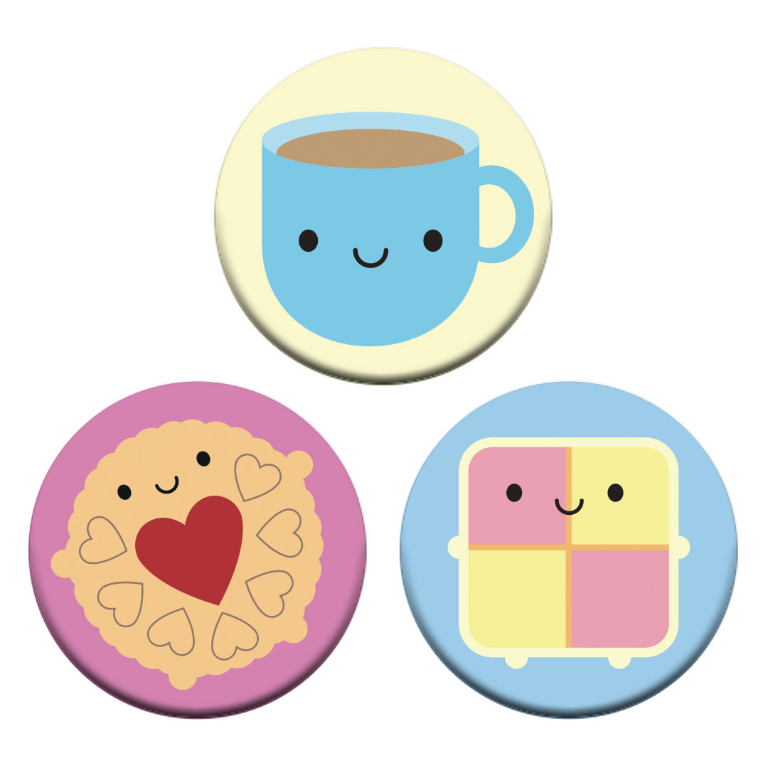 The three badge designs - Tea Cup, Jammie Dodger and Battenberg Cake