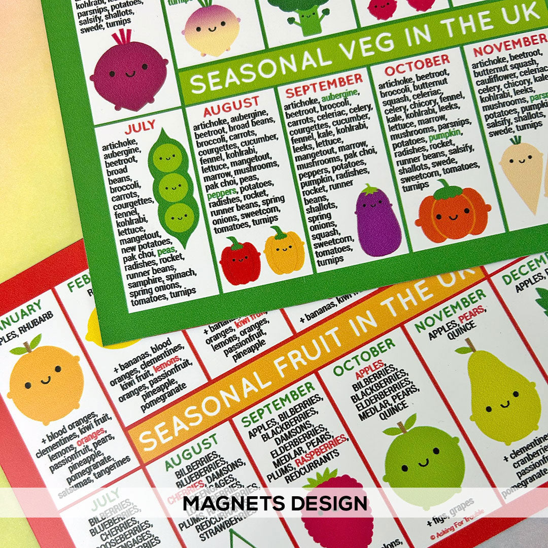 Close up of seasonal fruit and vegetables magnets for the UK showing text and kawaii illustrated food characters