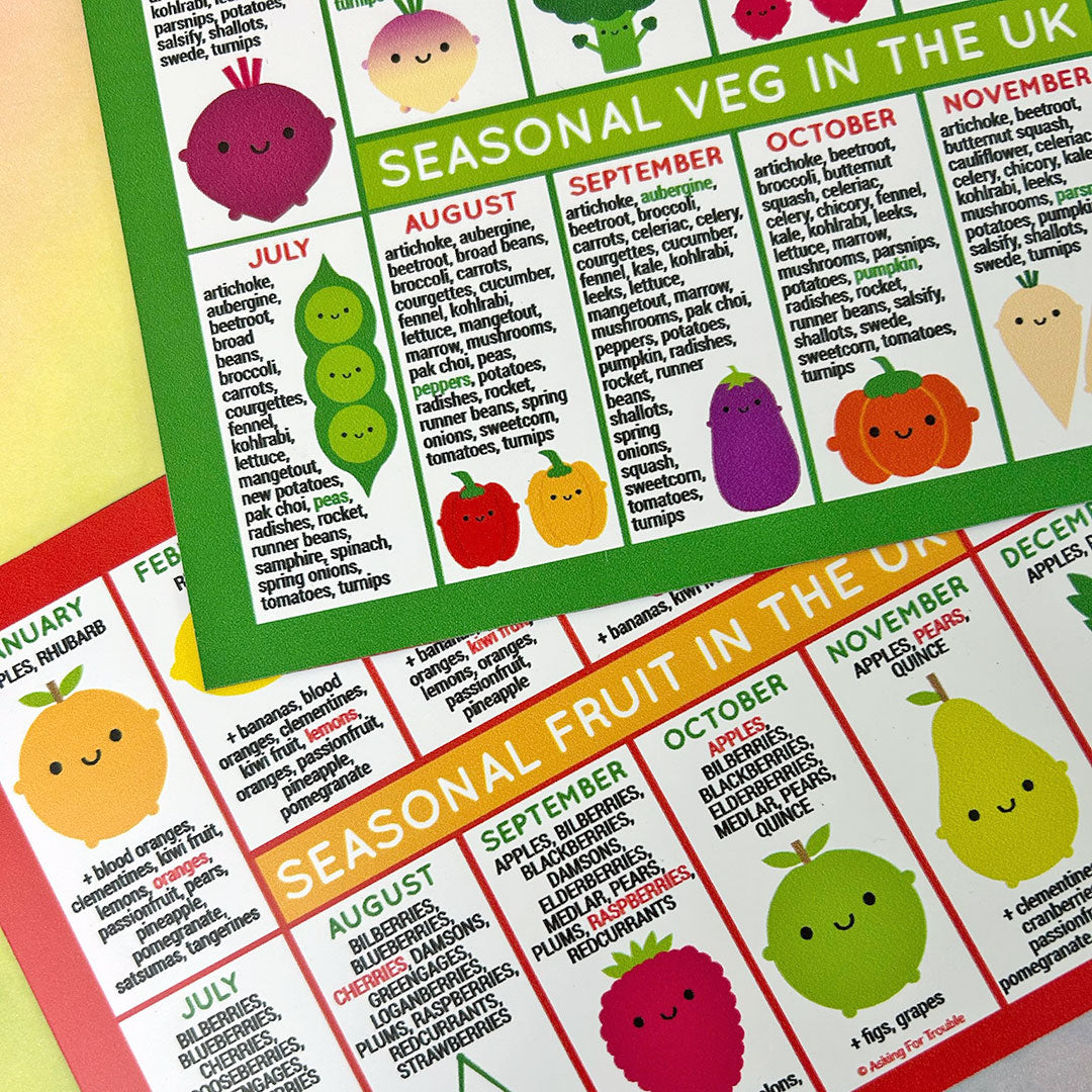 Close up of seasonal fruit and vegetables magnets for the UK showing text and kawaii illustrated food characters
