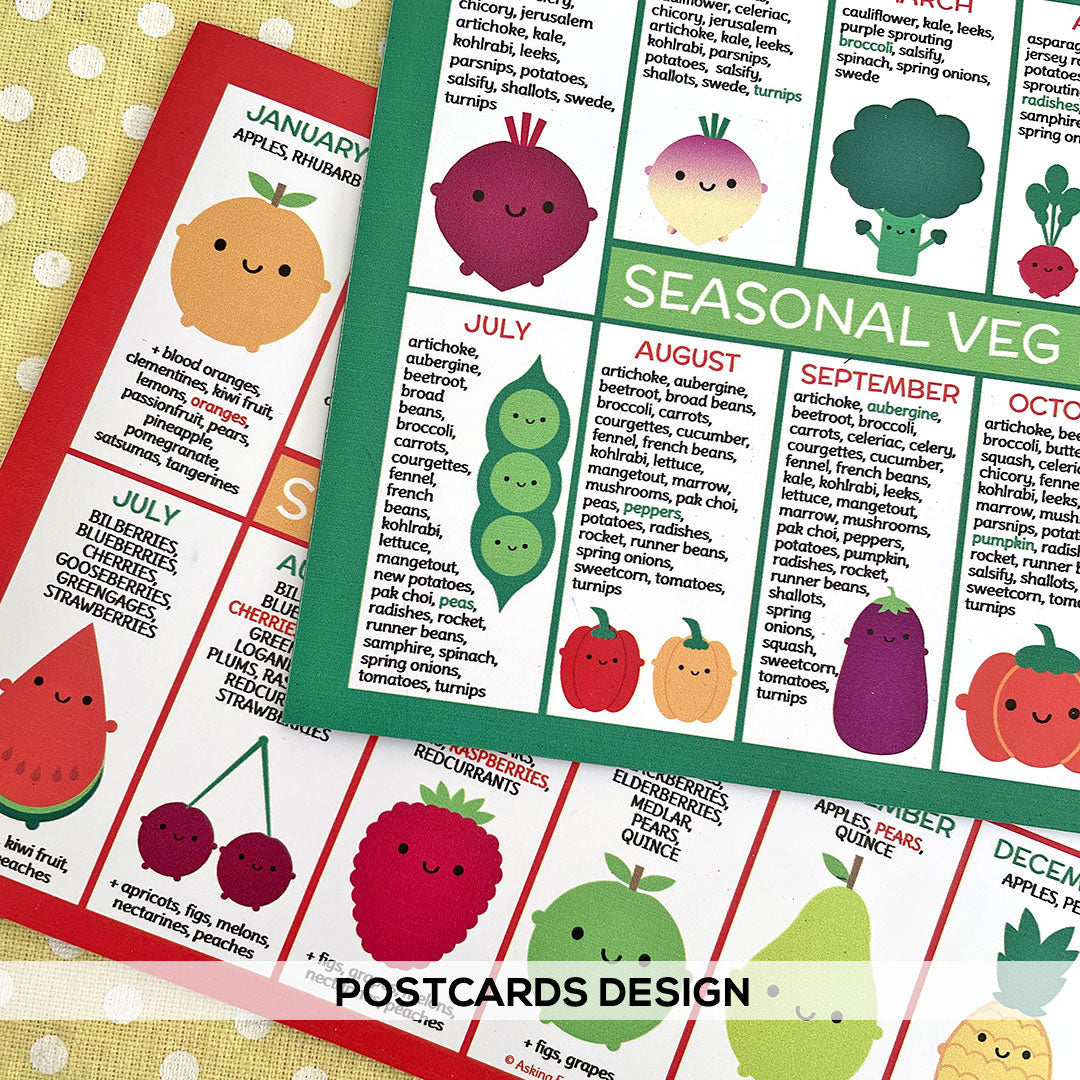Close up of seasonal fruit and vegetables postcards for the UK showing text and kawaii illustrated food characters