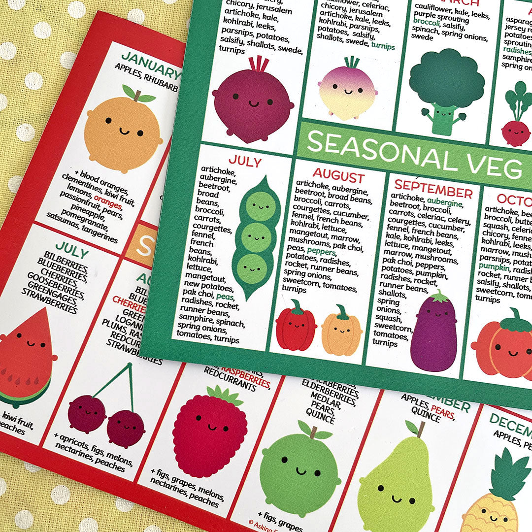 Close up of seasonal fruit and vegetables postcards for the UK showing text and kawaii illustrated food characters