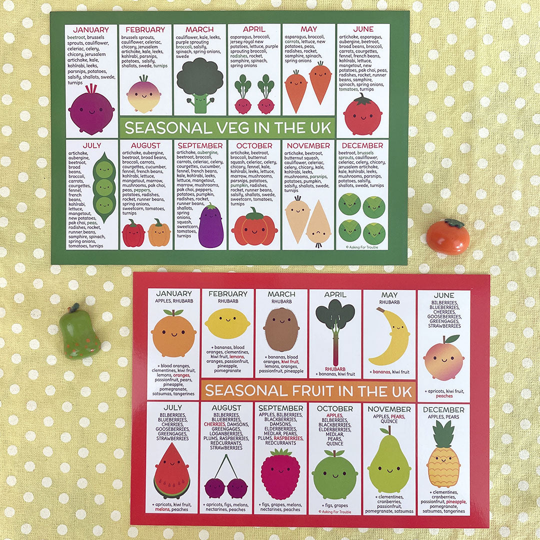 Kawaii illustrated seasonal fruit and vegetables charts for the UK