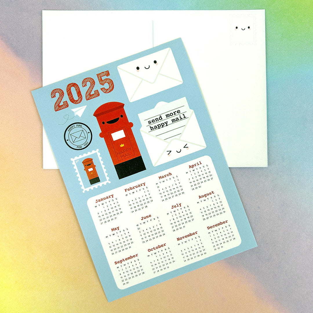 The postcard designs - front has a full calendar, kawaii postbox, envelope and stamp, all on a light blue background. Reverse has a kawaii stamp and divider.