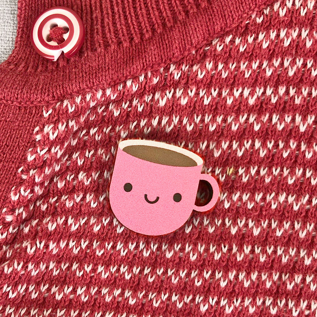 Pink happy kawaii Cup of Tea brooches made from ethically sourced, FSC certified wood