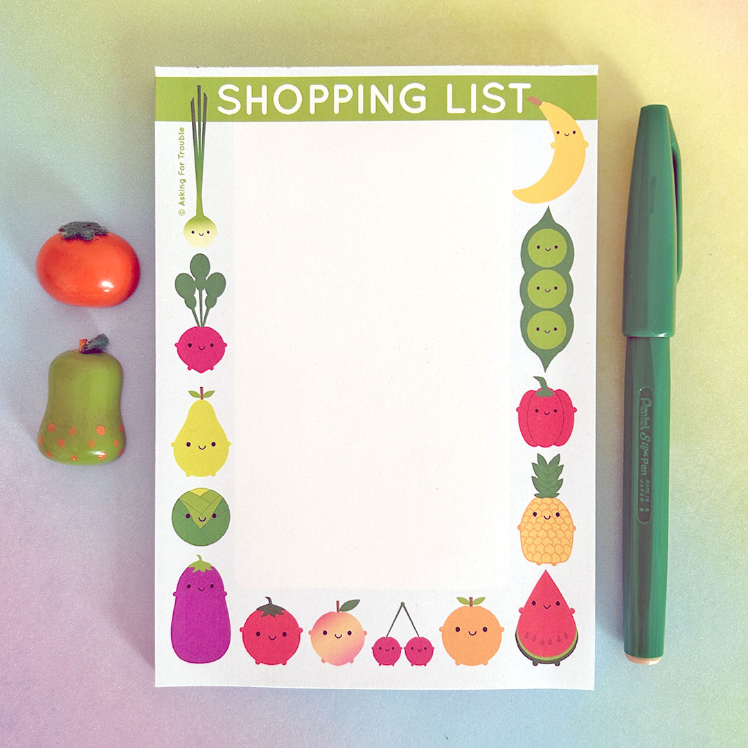 Shopping list notepad with a border of kawaii food characters