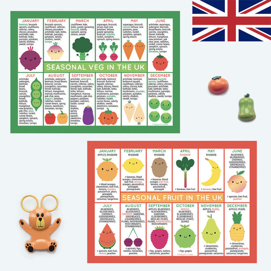 Kawaii illustrated seasonal fruit and vegetables charts for the UK