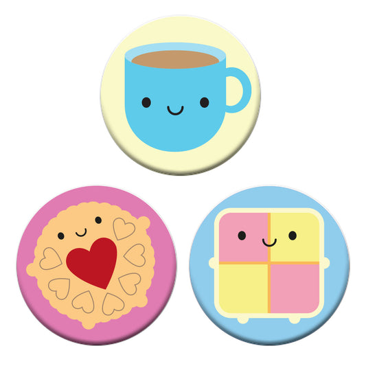 The three badge designs - Tea Cup, Jammie Dodger and Battenberg Cake