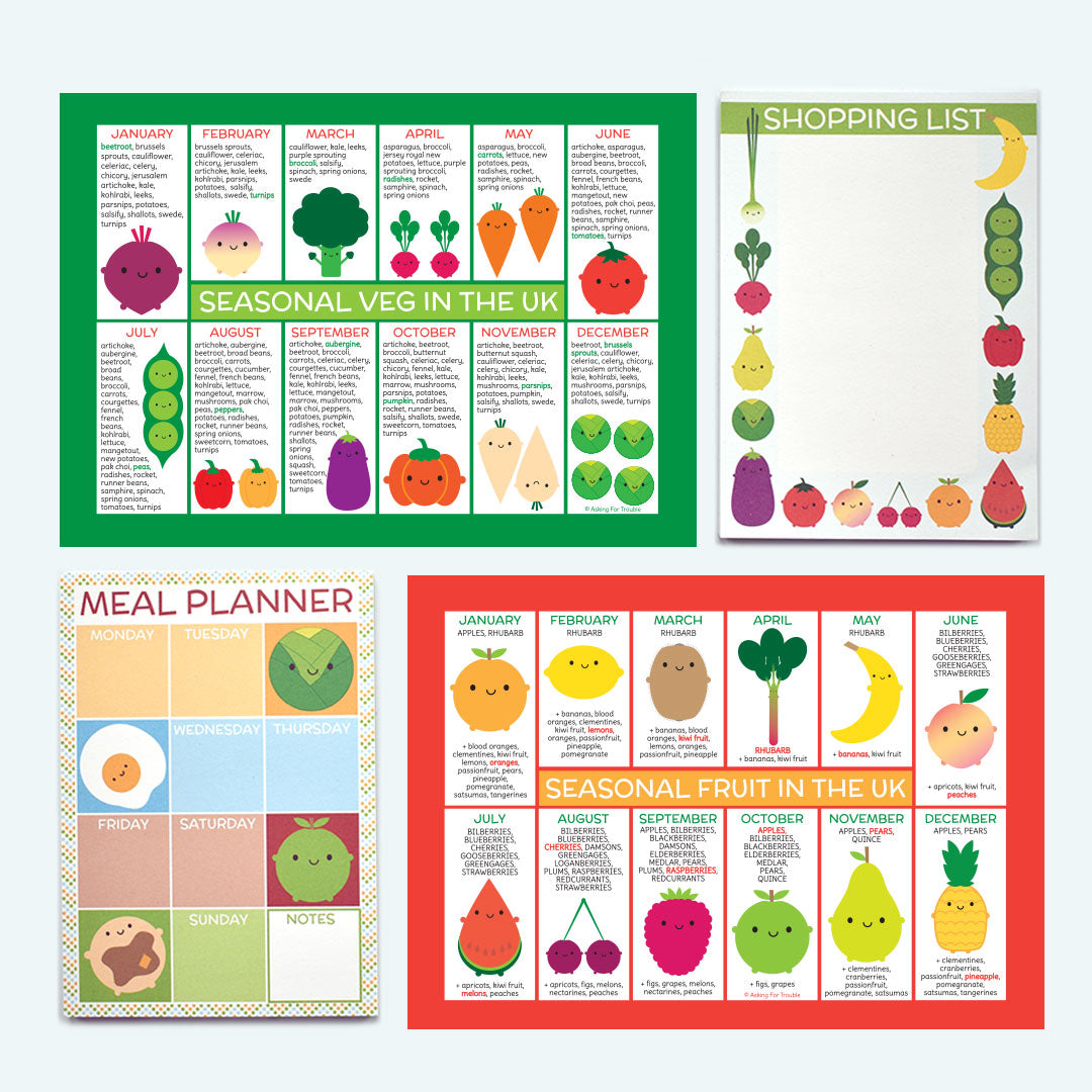 Kawaii illustrated seasonal fruit and vegetables magnets and matching notepads