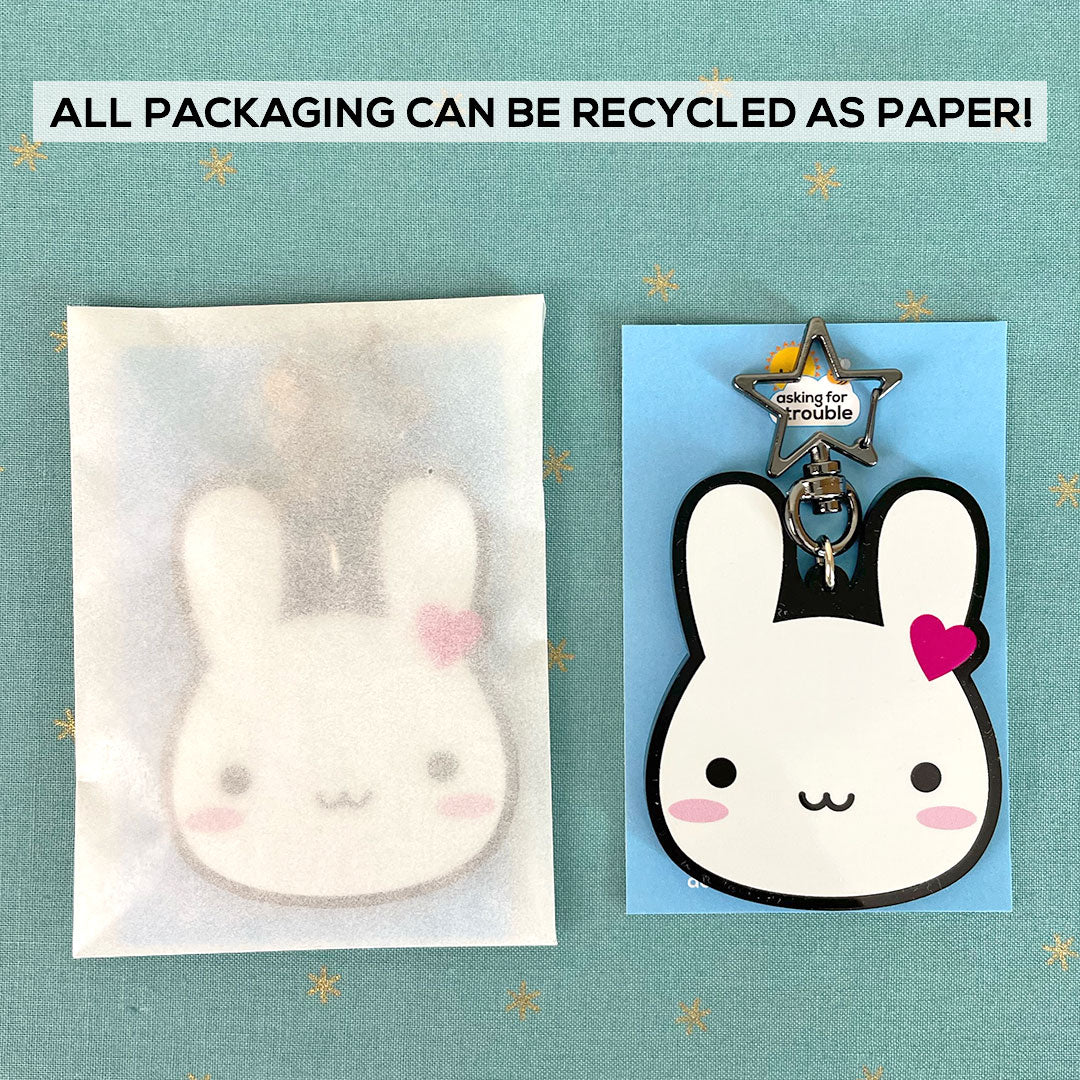 Packaged on a backing card inside a glassine bag that can all be recycled as paper