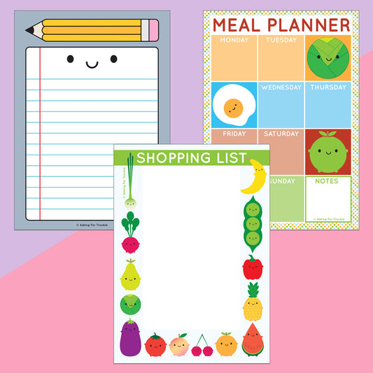 Mockup showing all 3 notepad sheet designs:  to-do list. meal planner and shopping list