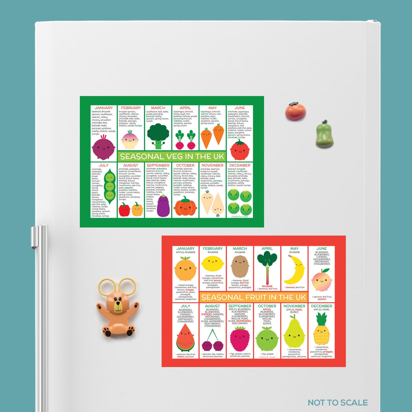 Kawaii illustrated seasonal fruit and vegetables charts for the UK displayed on a fridge door (not to scale)