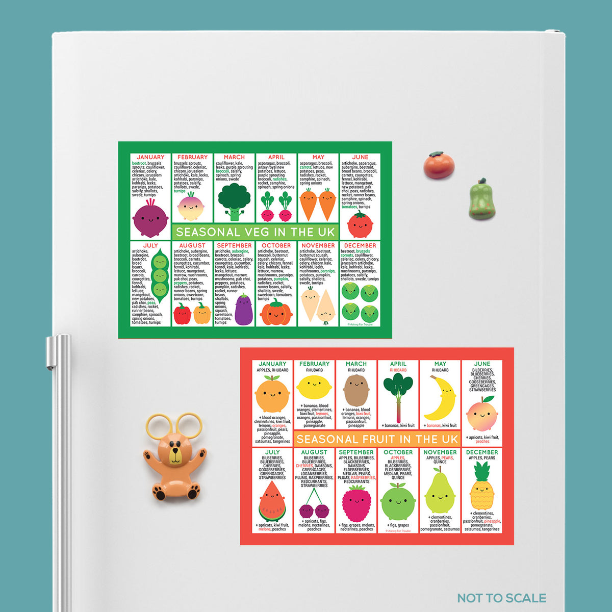 Kawaii illustrated seasonal fruit and vegetables charts for the UK displayed on a fridge door (not to scale)