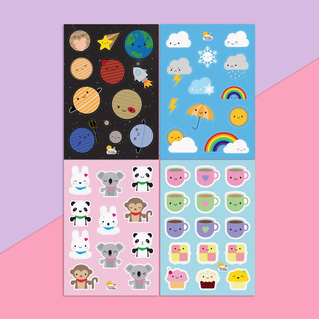 The Solar System, Kawaii Skies, Super Cute Kawaii Animals and Tea & Cake sticker sheets