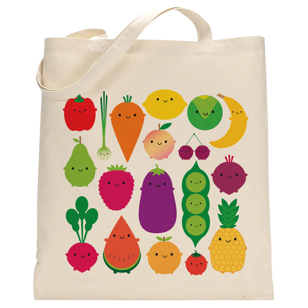 The printed design with a group of happy kawaii fruits and vegetables