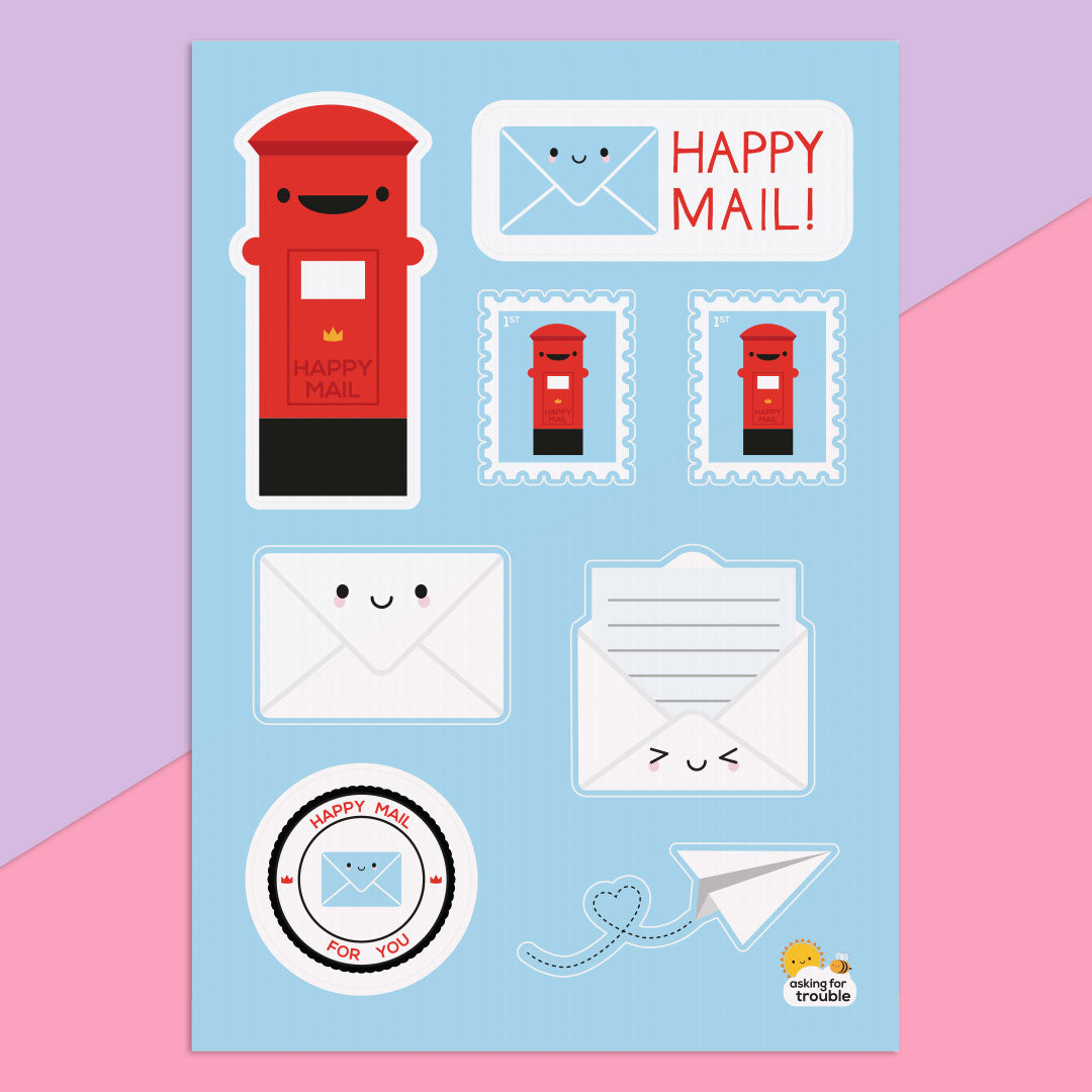 The Happy Mail sticker sheet with 8 die cut post-themed stickers